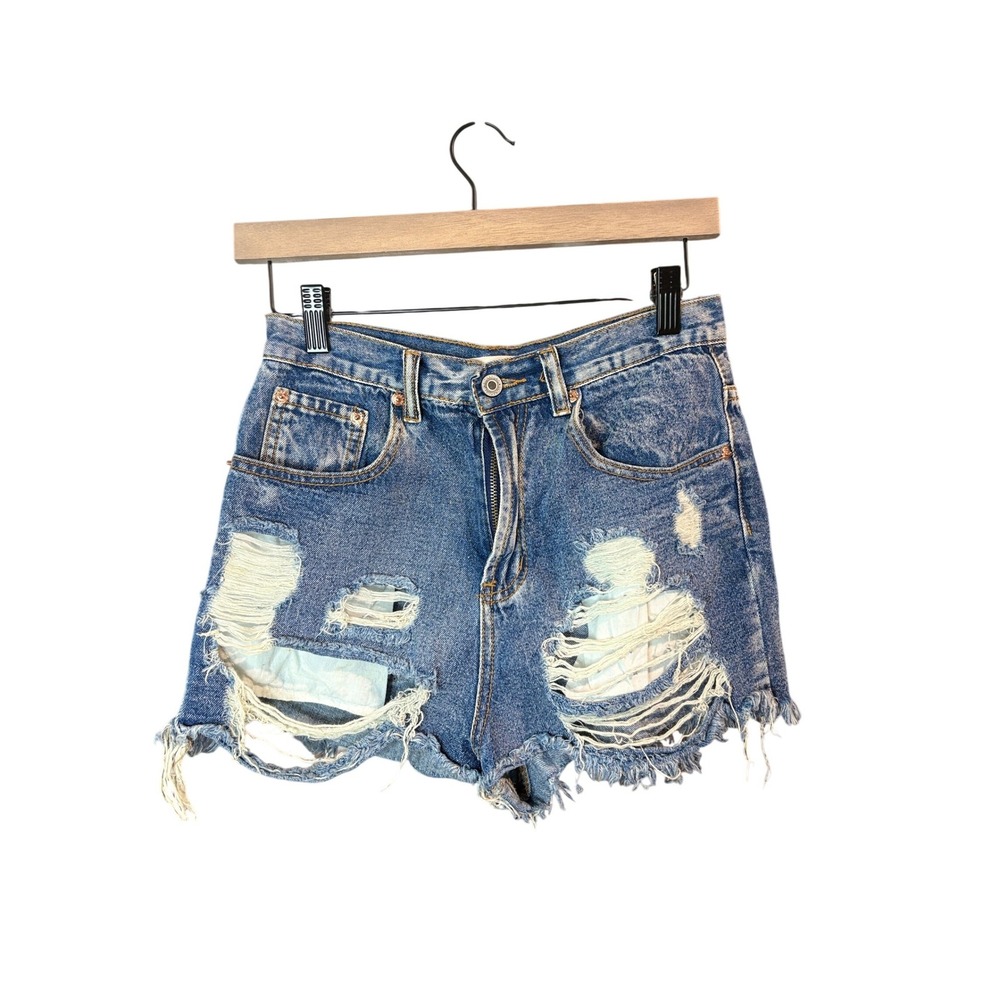 American Threads Distressed High Waisted Denim Shorts Blue Medium‎ Wash Small